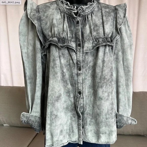 Isabel Etoile Marant Tie Dye Acid Wash Print Mock Neck Button up top - Picture 2 of 13